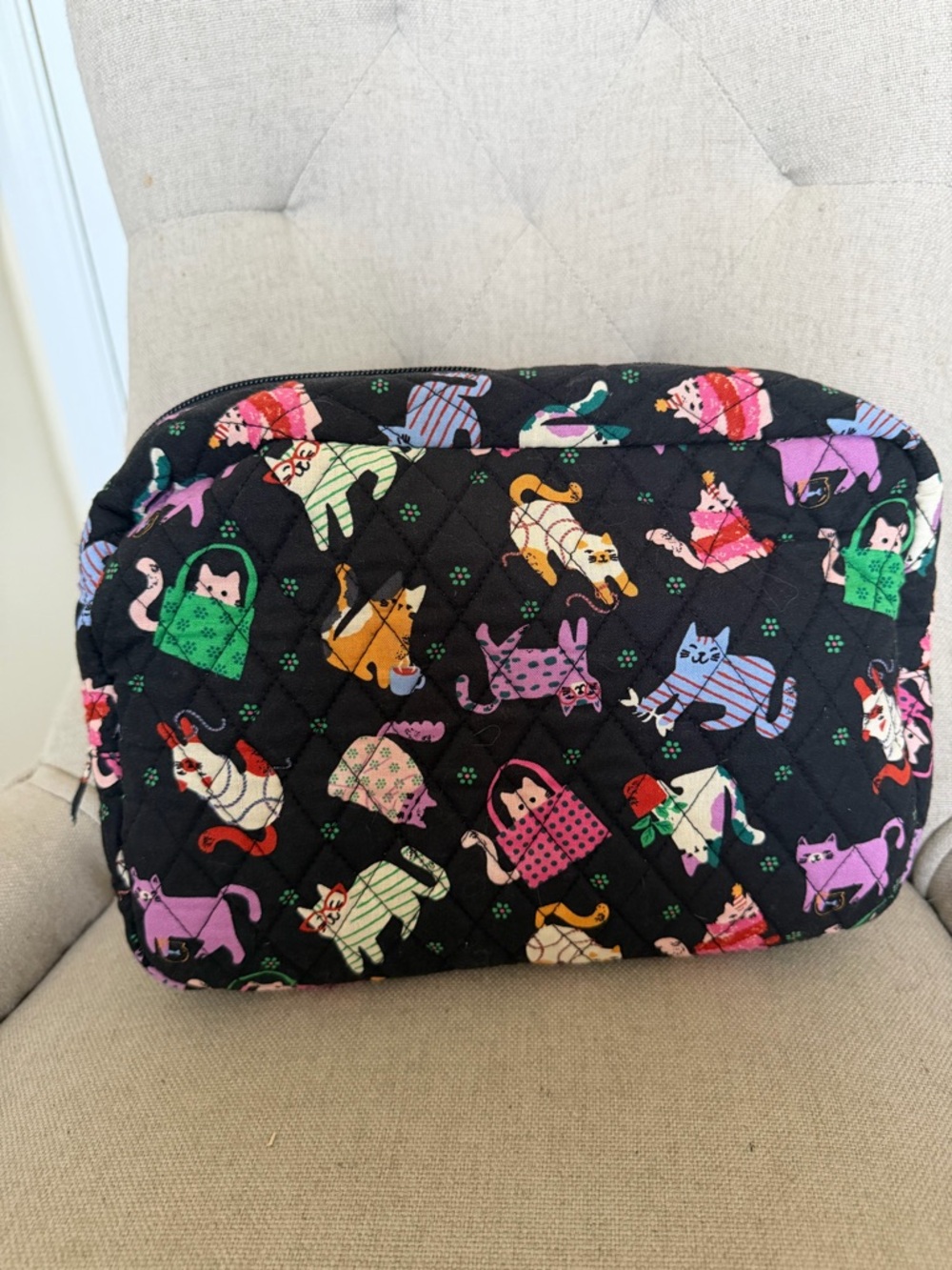 Vera Bradley Quilted XL Cosmetic Bag in Cotton Multicolor Cat Print